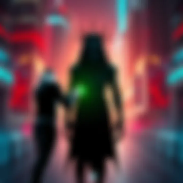 Alien or AI Encounter V stands facing a shadowy figure, holding a mysterious chip in a futuristic city backdrop, evoking questions of alien contact or artificial intelligence.