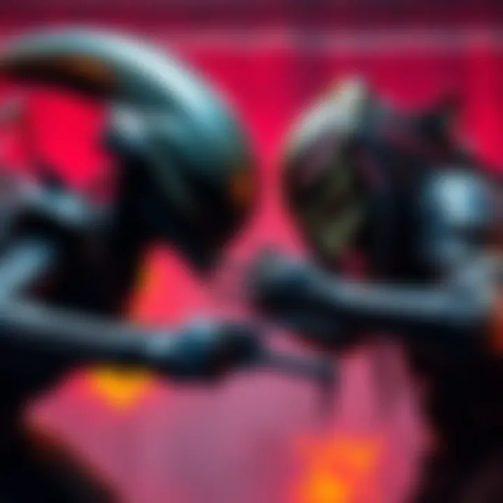 Alien and Predator engage in a fierce fight against a vivid background, showcasing their unique features and intense rivalry.