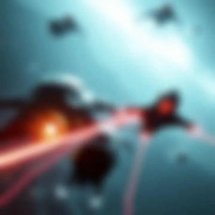 A dramatic scene of an alien ship firing lasers at a player’s spaceship in a video game, showcasing an intense battle.