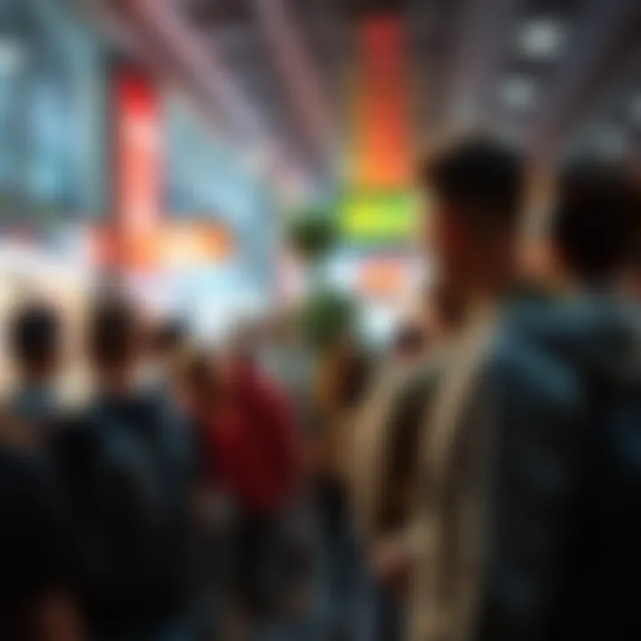 Alien Sighting in a Queue A person points at a figure resembling an alien standing in line with others, capturing attention.