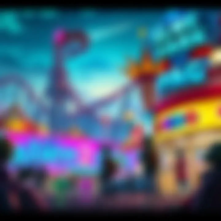 A vibrant scene of a theme park with roller coasters and alien characters exploring the attractions.