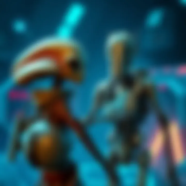 An alien and a droid stand side by side in a game environment without engaging each other.