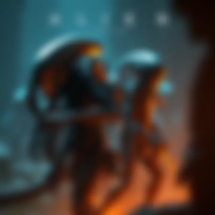 Aliens Campaign Concept Concept art showing two characters from the Aliens franchise, one focused on stealth and the other on action, in a dark, atmospheric environment with Alien creatures nearby.