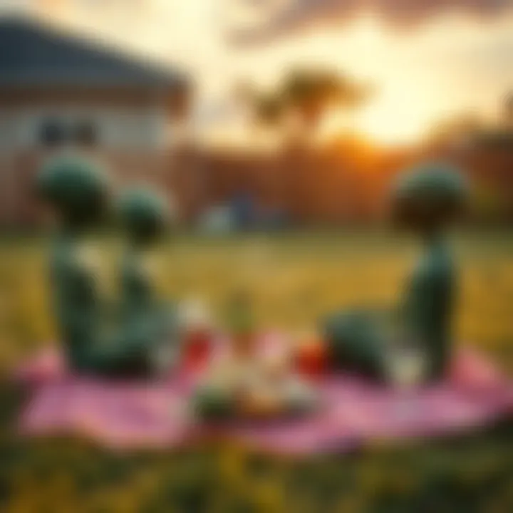 Aliens Having a Picnic A scene of aliens sitting on a blanket in a grassy backyard, enjoying food and drinks while looking at the sky.