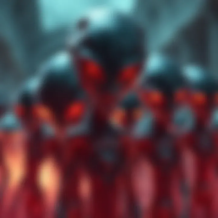 Aliens with red eyes A group of aliens with glowing red eyes, standing in a dark, eerie setting, hinting at their superpowers.