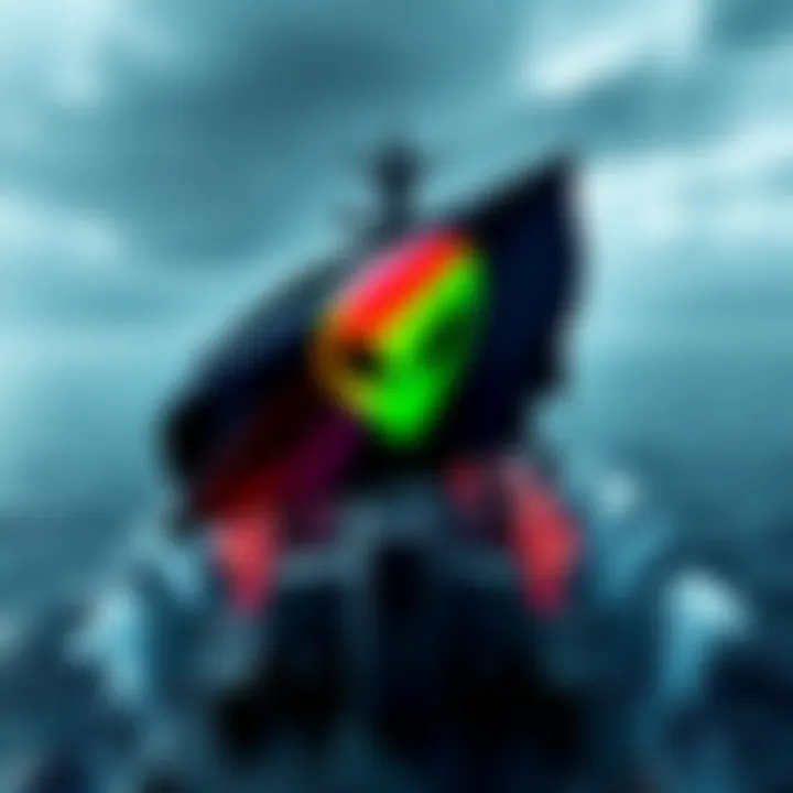 A vibrant Alienware flag displayed on a ship in World of Warships, showcasing its unique design and color scheme.