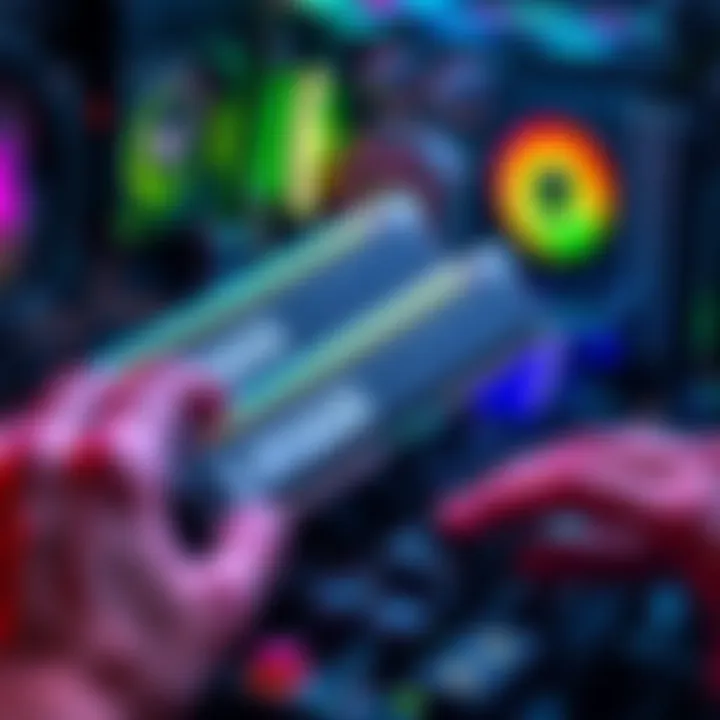 Alienware PC RAM Upgrade A close-up of an Alienware Aurora R9 motherboard with additional RAM sticks being installed, showing hands working on the components.