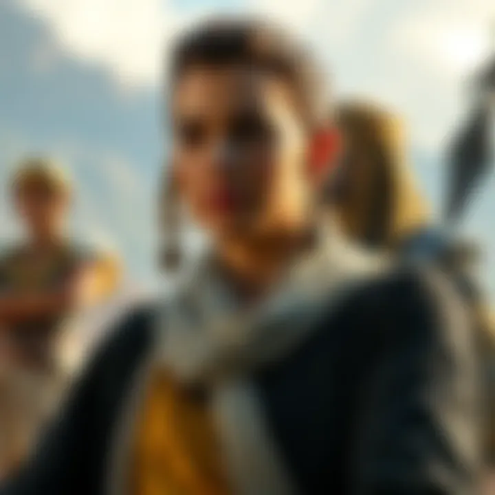 Alix Wilton Regan talks about the 800-page draft script for Origins, with visuals of the game and characters Aya and Bayek in the background.