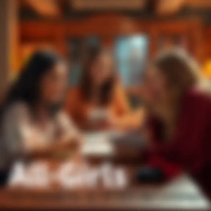 A group of four women sitting around a table with Dungeons & Dragons materials, smiling and discussing their adventure