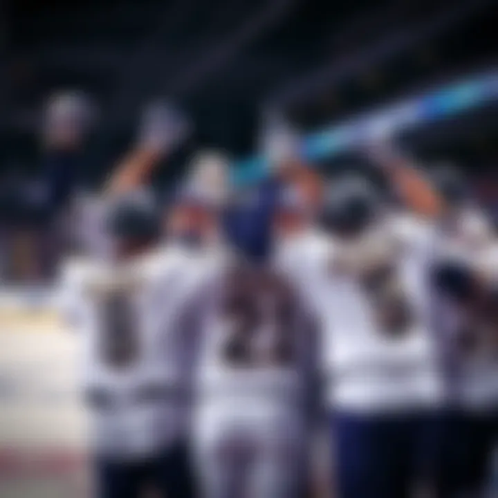 Players from the Allegheny Hogs celebrate after winning against the River City Rivermen with a score of 6-3, showing excitement and team spirit.