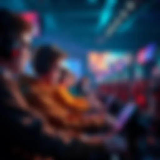 A group of players intensely focused on screens during the Alliance Heights finals, showcasing high-stakes competition and intricate game challenges.