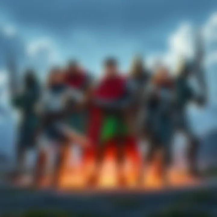 A group of diverse characters standing together, prepared for a fight in a fantasy landscape, symbolizing teamwork in gaming.