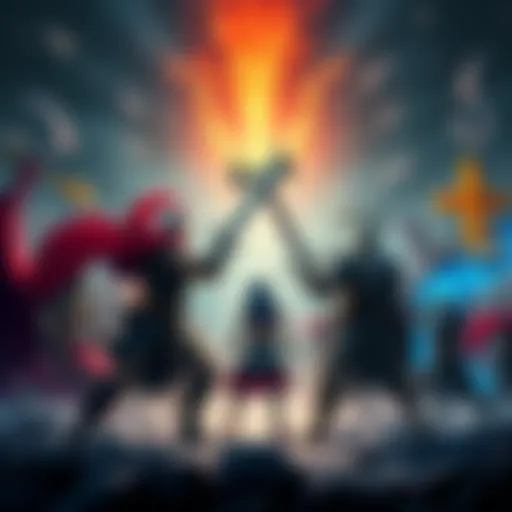 Characters from different quests come together for a final showdown in a fantasy setting.