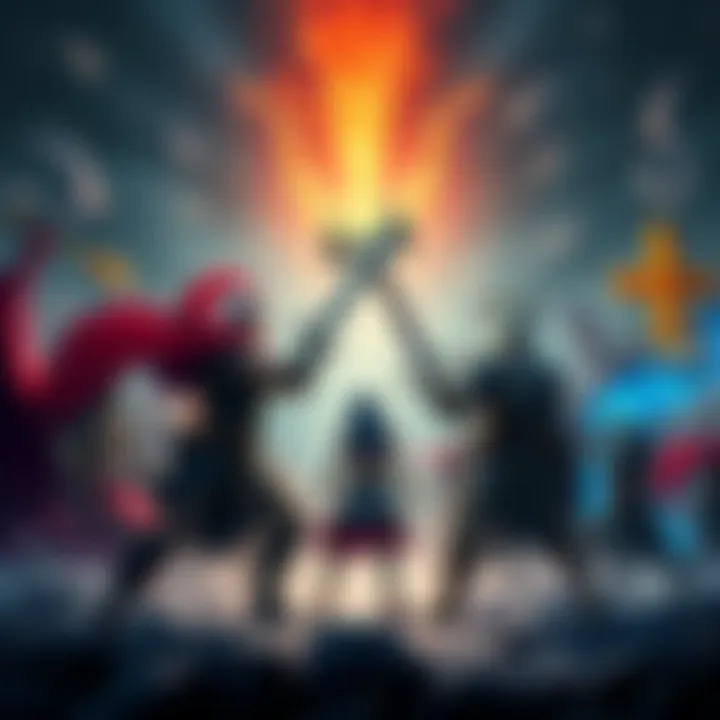 Characters from different quests come together for a final showdown in a fantasy setting.