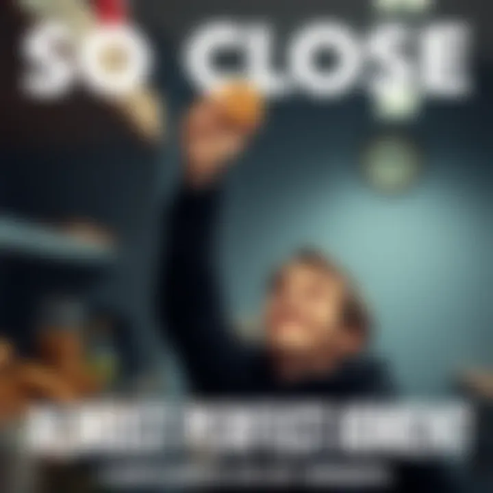 A person reaching for a cookie just out of reach on a high shelf, looking amused and slightly frustrated.