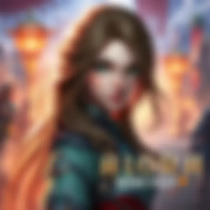 A digital artwork of Alora, a fantasy character with long hair and distinctive features, set against a colorful game backdrop