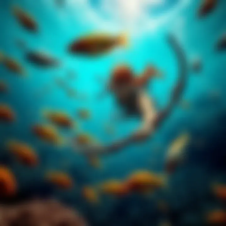 Aloy, a character with a bow, swims underwater with fish around her, preparing for stealth combat.