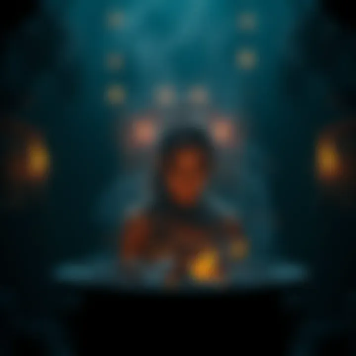 Aloy facing a glowing cauldron core with dark lighting and red eyes watching her