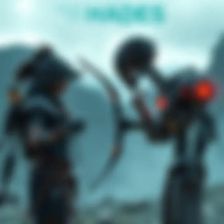 Aloy, a skilled warrior with a bow, faces HADES, a robotic AI figure, in a futuristic setting. Tension is visible as they stand in a high-tech landscape, symbolizing conflict.