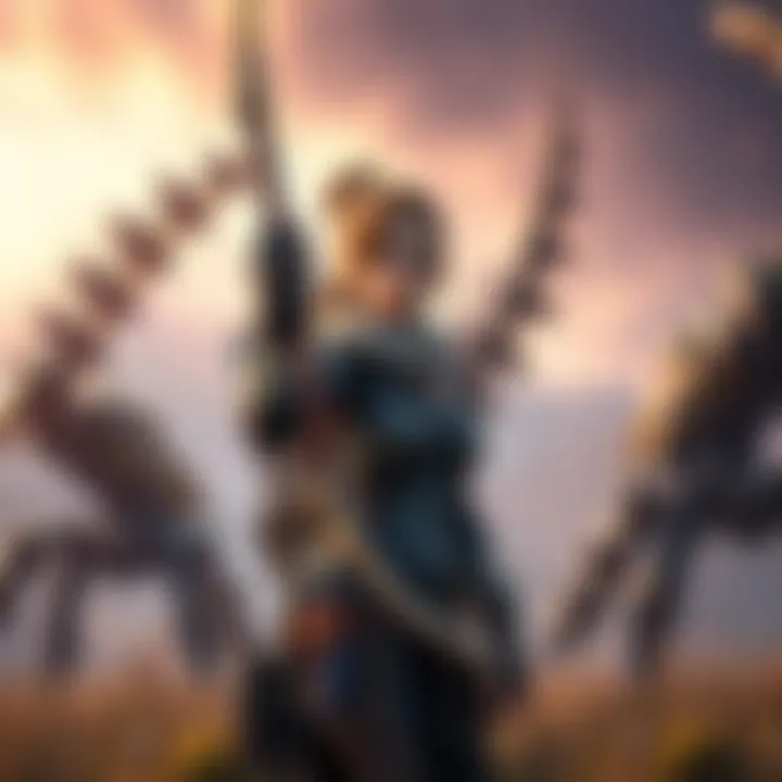 Aloy, the machine huntress, stands ready with her bow, surrounded by lush environments and robotic creatures in Horizon Forbidden West on PS5