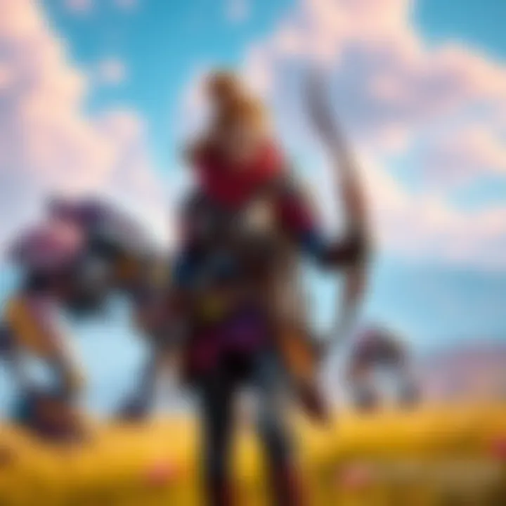 Aloy stands confidently in a vibrant landscape, showcasing her unique armor and bow, with robotic creatures in the background.
