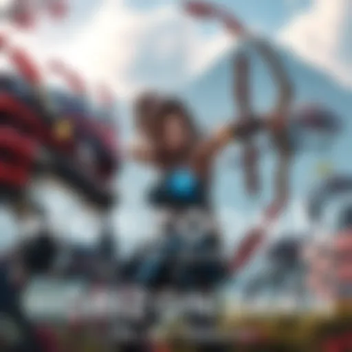 Aloy, the main character of Horizon Zero Dawn, standing strong with her bow ready, surrounded by robotic creatures in a lush environment.