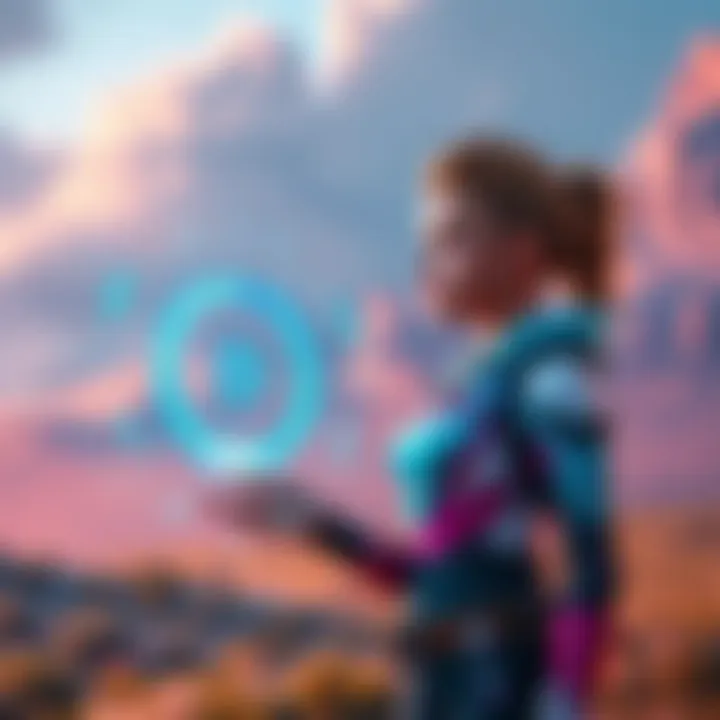 Aloy interacting with AI Aloy stands confidently in a vibrant landscape, communicating with a glowing AI interface, showcasing her emotional connection with technology.