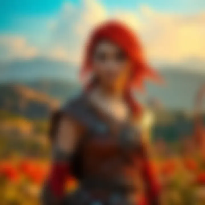 Aloy, a young woman with red hair and tribal armor, stands confidently in a vibrant natural setting, looking ahead with determination.