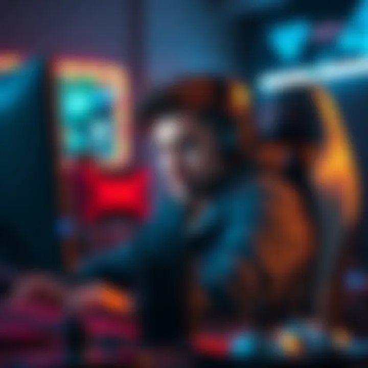 Alpha54 sitting at a gaming desk with a serious expression, focused on the screen, surrounded by gaming gear