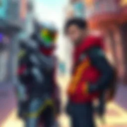An artistic representation showing two characters, Alt and V, representing different styles and personalities, standing side by side in a colorful setting.