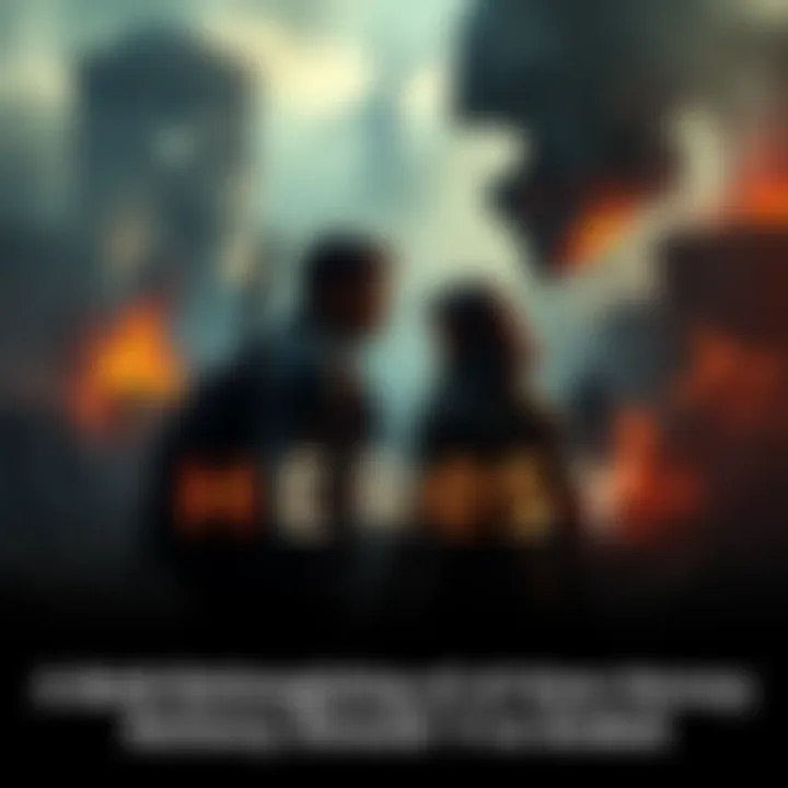 A dramatic scene depicting the main characters of Heresy in a tense moment, contemplating a pivotal choice that could change their fate, set against a backdrop of a crumbling battlefield.