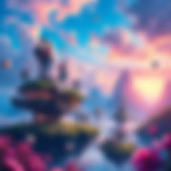 A vibrant scene featuring diverse characters exploring a magical landscape with floating islands and colorful skies.