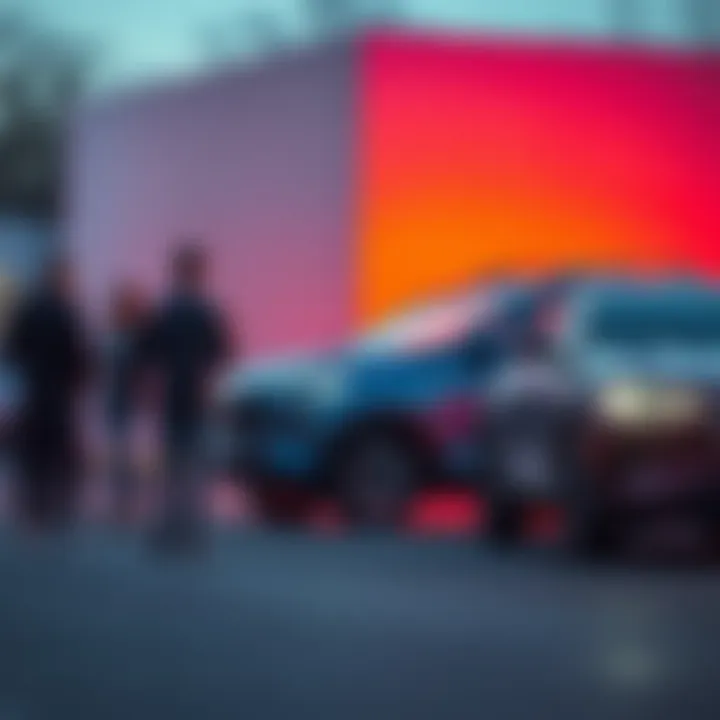A group of people discussing the role of alternative cars in a campaign, with a hybrid vehicle parked nearby.