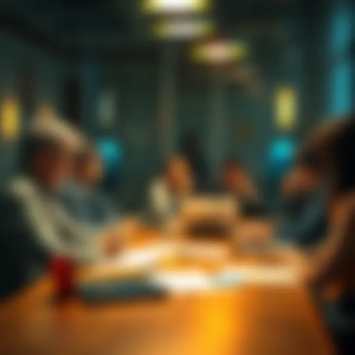 A group of people discussing storytelling at a table with notes and laptops, looking thoughtful and engaged in conversation.