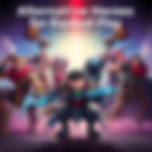 A group of diverse heroes in a competitive gaming setting, showcasing their unique abilities and strategic importance in ranked matches, with a focus on battling tough opponents.