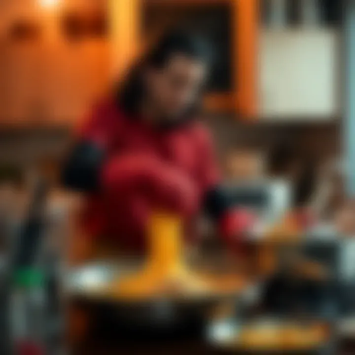 Alucard wearing oven mitts while mixing ingredients in a kitchen, contrasting his powerful abilities