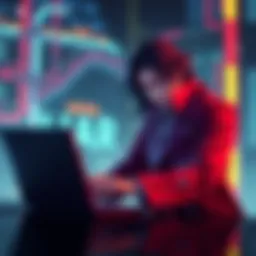 A character resembling Alucard sitting in front of a laptop, exploring the internet with a thoughtful expression.