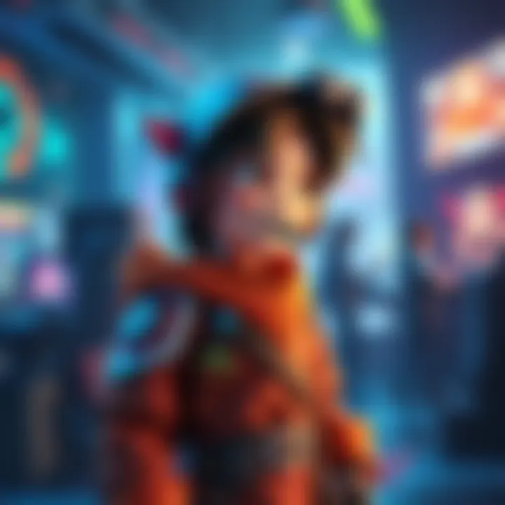 An animated character dressed in the Alucart set, showcasing its unique design and colorful details in a vibrant gaming environment