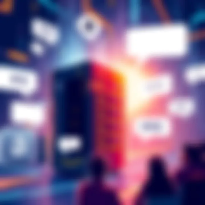 A visual representation of Amazon's server performance discussions, featuring a graphic of a server with glitch effects to indicate desynchronization issues, and speech bubbles showing people's opinions.