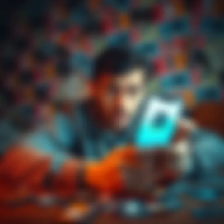 A person looking frustrated while trying to redeem an Amazon gift card on a smartphone with a backdrop of gift cards scattered on a table.