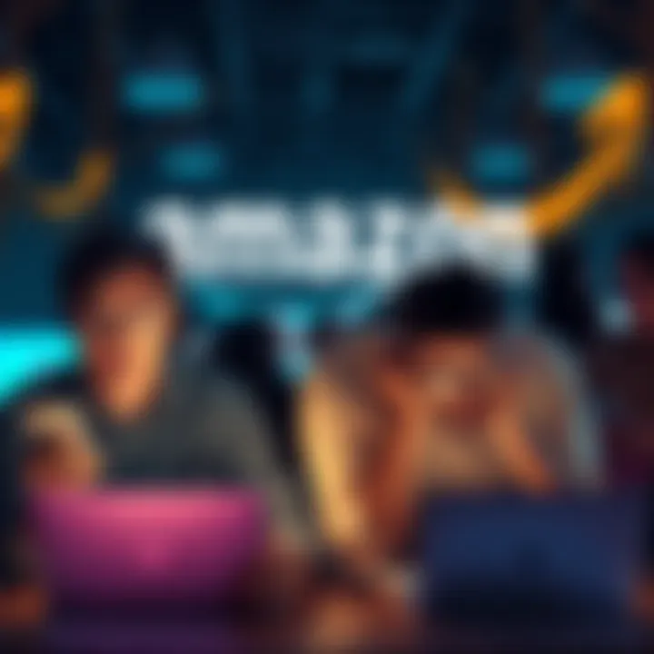 A visual representation of disrupted online services due to Amazon server problems, showing frustrated people with laptops and smartphones