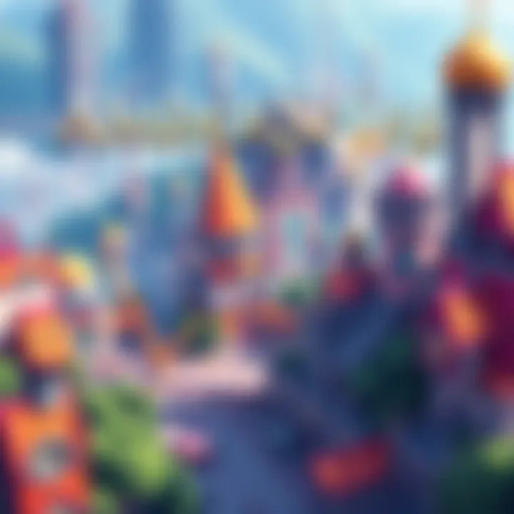 A vibrant scene of a futuristic fantasy city under construction with colorful buildings and lush greenery in Amberspire.