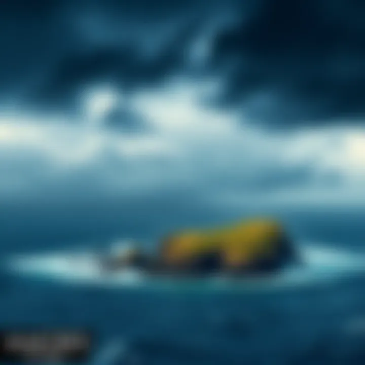 A view of Ambrose Island under dark clouds and turbulent waters, showing its rugged coastline.