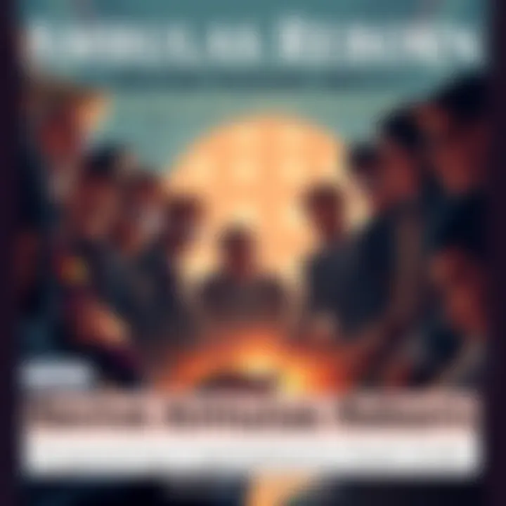 A group of people discussing the return of Ambulas Reborn, highlighting the issues of end-stage capitalism with serious expressions.