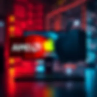 Side-by-side comparison of AMD and Apple logos with a desktop computer in the background