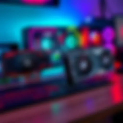 Comparison of AMD Radeon RX 9070 XT and Nvidia GeForce RTX 5070 Ti graphics cards on a desk with a gaming PC