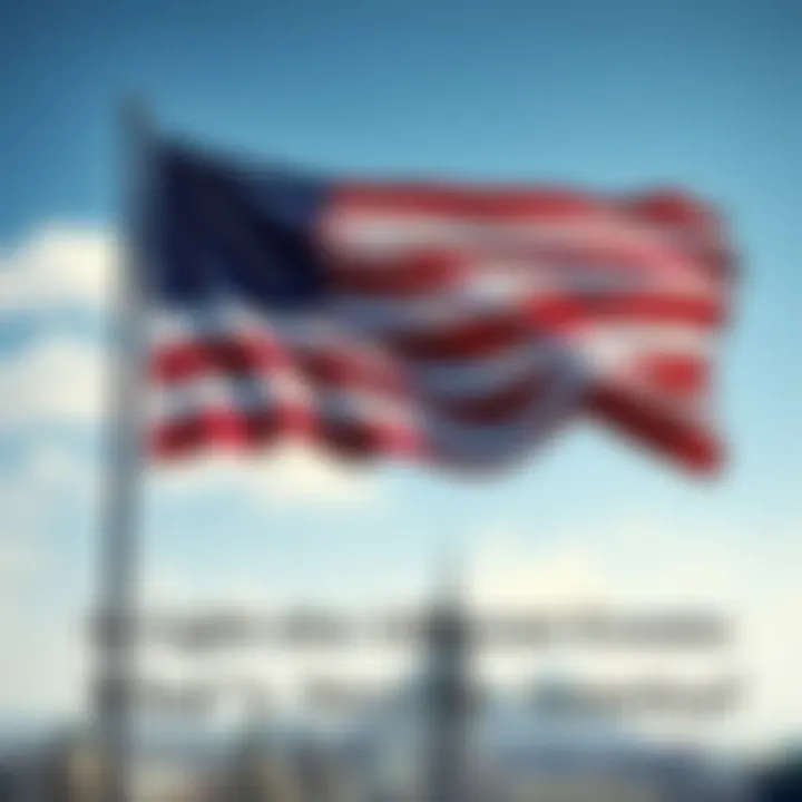 An American flag proudly waving in the wind, with a backdrop of a modern city skyline symbolizing hope and change