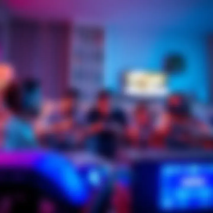 A group of people gathered around gaming consoles, enjoying video games together in a cozy living room setting.