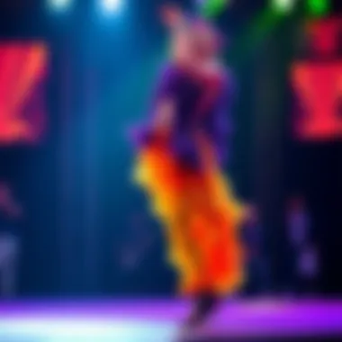 A performer dressed in vibrant colors embodies creativity with an amethyst-themed costume, captivating the audience's attention during a dynamic show.