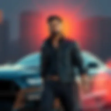 Amir's character in Fast & Furious, showcasing his bold personality and stylish look, standing next to a high-speed car.